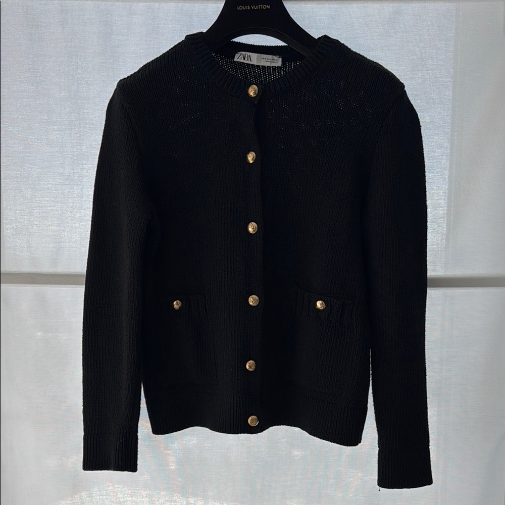 Zara Black and Gold Mock Neck Cardigan Sweater